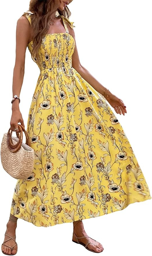 MakeMeChic Women's Summer Boho Dress Floral Print Spaghetti Strap Square Neck Shirred Maxi Dress ... | Amazon (US)