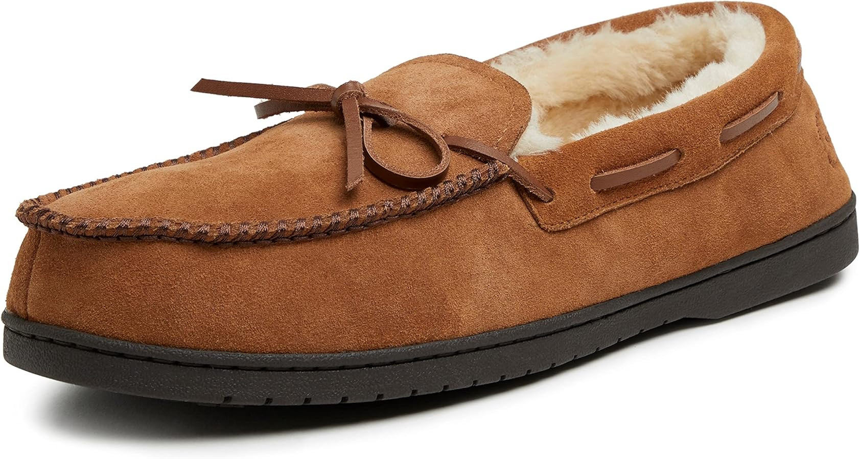 Dearfoams Men's Hudson Genuine Suede Memory Foam Moccasin Slipper with Tie | Amazon (US)