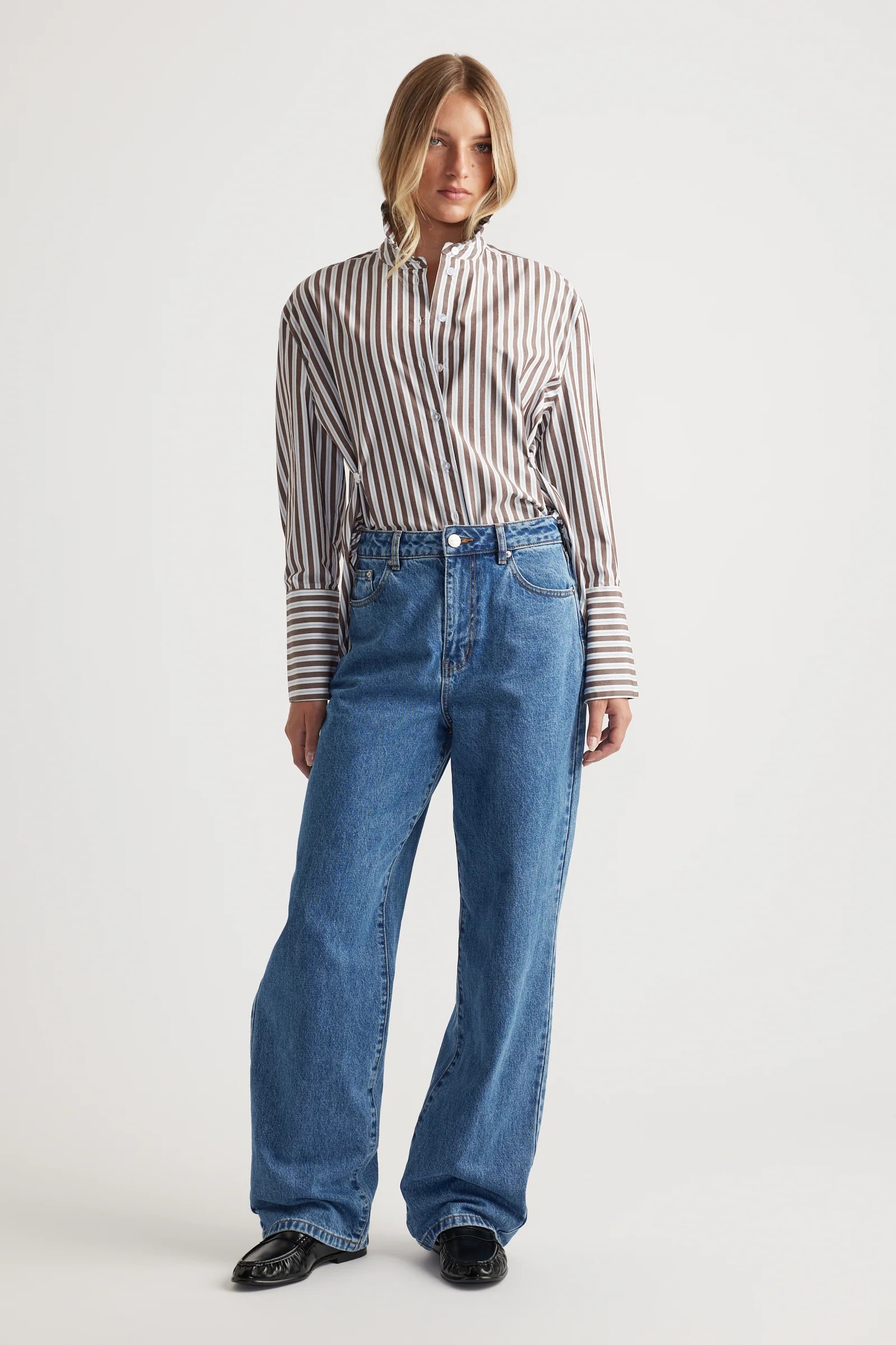 Kristy Side Button Shirt - Blue/Choc Stripe | DECJUBA