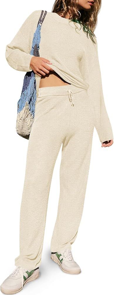 Fisoew Women's 2 Piece Outfit Lounge Sets Long Sleeve Knit Pullover Sweater and Straight Leg Long... | Amazon (US)