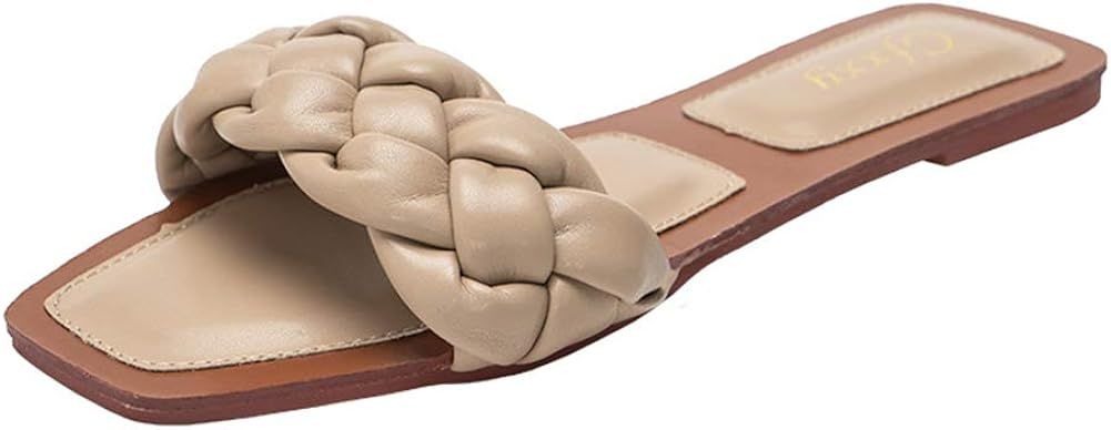 BeneModa Women's Square Open Toe Flat Sandals Slip On Mule Slides Braided Strap Slipper Vacation ... | Amazon (US)