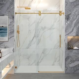 MCOCOD 60 in. W x 76 in. H Single Sliding Frameless Shower Door in Brushed Gold with Smooth Slidi... | The Home Depot