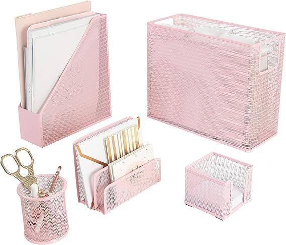 Blu Monaco 5 Piece Pink Office Supplies Desk Organizer Set - with Desktop Hanging File Organizer,... | Amazon (US)