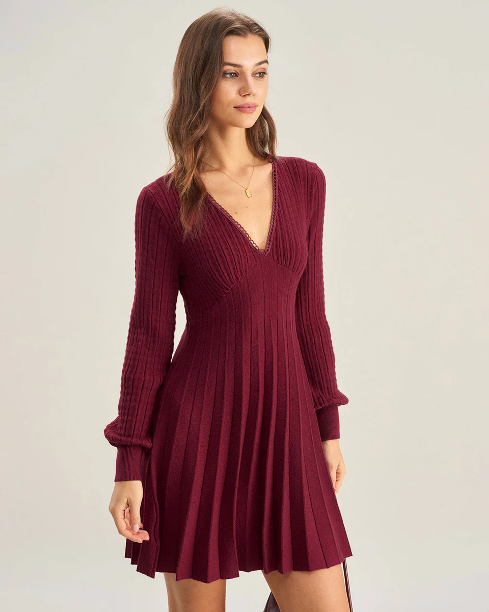 Wine Red V-Neck A-Line Sweater Dress | rihoas.com