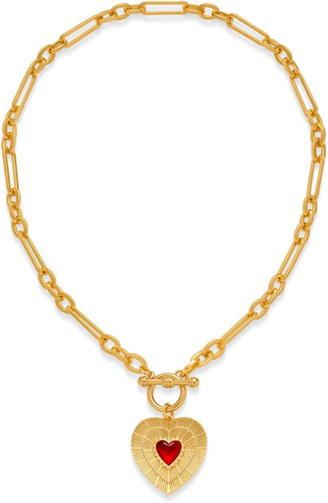 Chunky Heart Necklace Simple Sunburst Heart Pendant Vintage Gold Plated Toggle Statement Necklace... | Amazon (US)