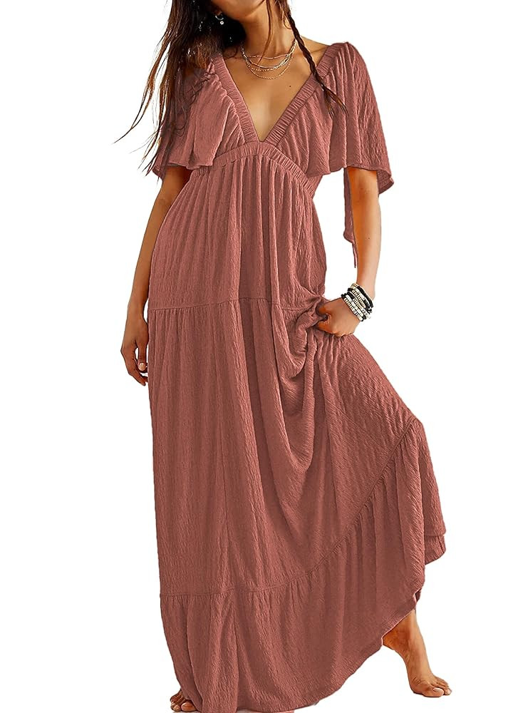Kikibell Women Summer Dresses Sexy V-Neck Maxi Dress Tiered Silhouette with Flutter Sleeve Backle... | Amazon (US)