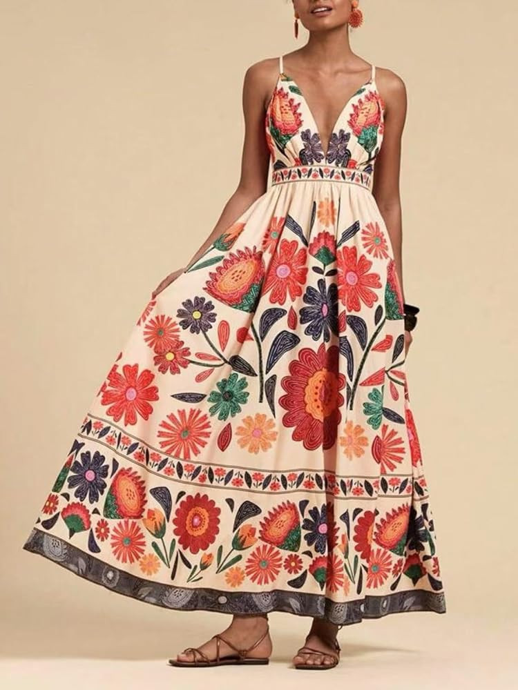 Womens Boho Print Dress Sleeveless Backless Halter High Waist A Line Beach Vacation Long Dress | Amazon (US)
