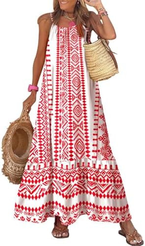 Dokotoo Women Summer Dresses 2026 Spaghetti Strap Scoop Neck Smocked Ruffle Flowy Boho Maxi Dress | Amazon (US)