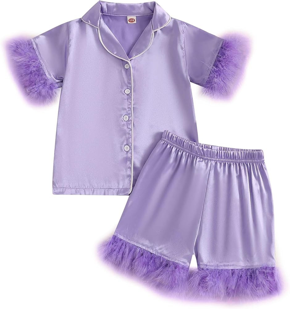 Little Girls Summer Pajama Sets Short Sleeve Lapel Button Up Plush Cuff Shirt Shorts Sleepwear | Amazon (US)