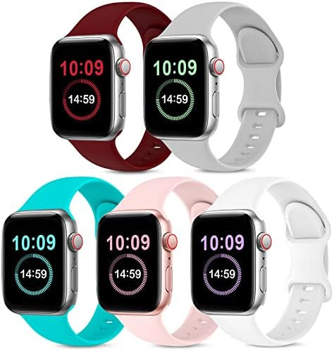 5 Pack Bands Compatible with Apple Watch Band 38mm 40mm 41mm 42mm 44mm 45mm, Soft Silicone Sport Str | Amazon (US)