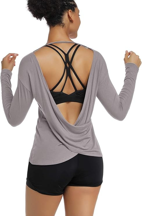 Muzniuer Women's Long Sleeve Workout Shirts Backless Yoga Shirts Cross Back Open Shirt | Amazon (US)
