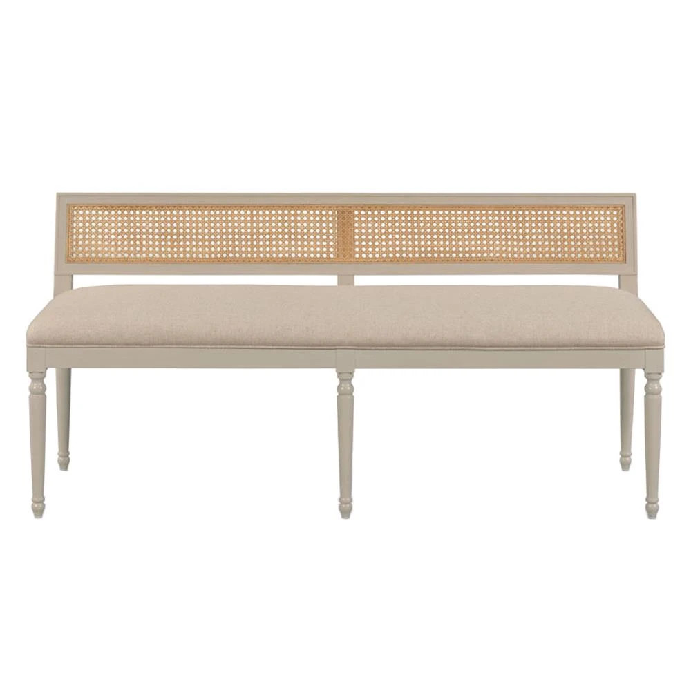 Colette French Beige Upholstered Linen Woven Cane Wood Frame Dining Bench | Kathy Kuo Home