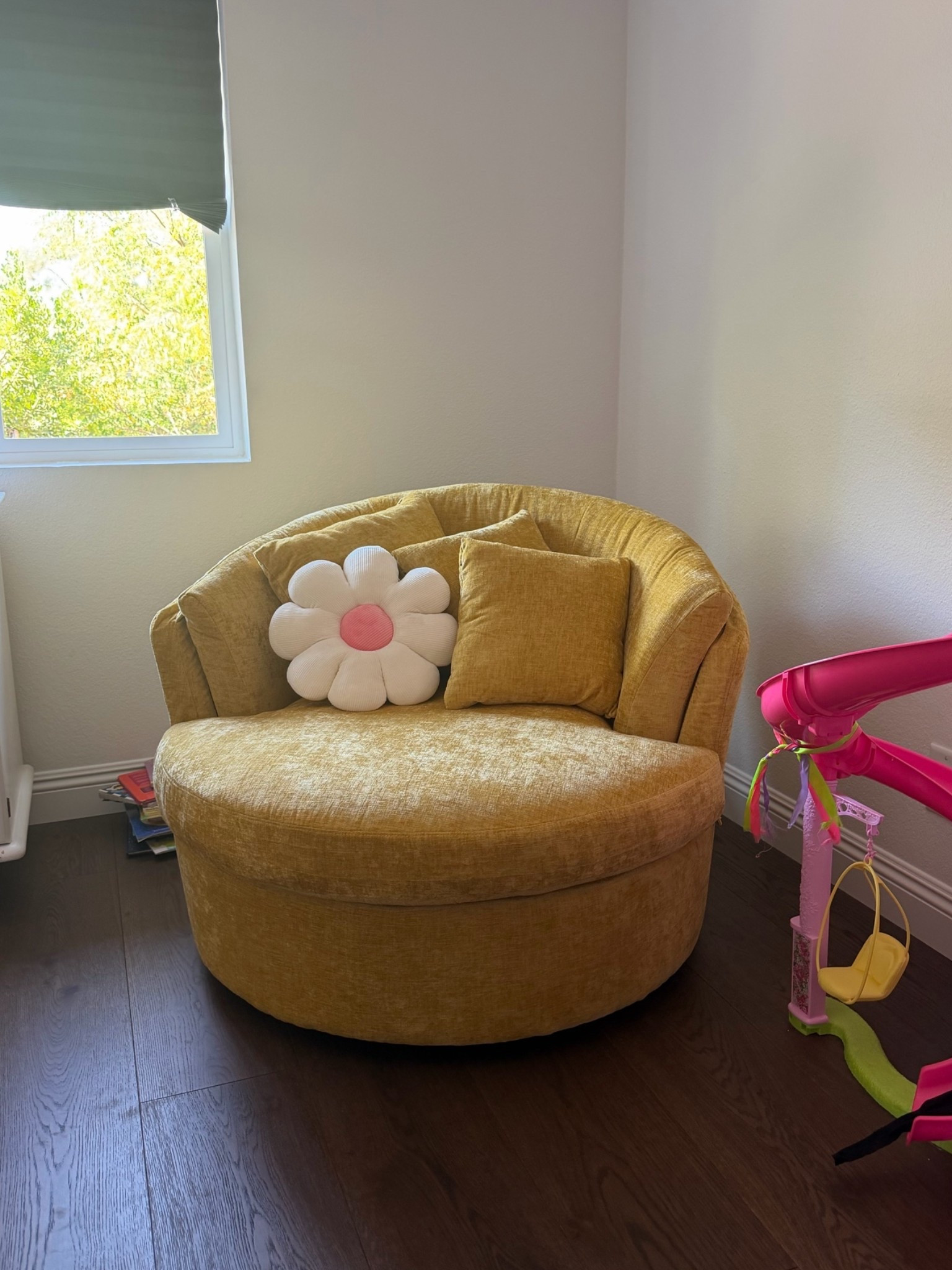 Reading corner in the making! 
Love this swivel oversized chair for my daughter’s room. Added some flower pillows to match her room and make it fun. Love it next to the window so we could look out and enjoy the garden. 

Home remodel 
Home decorating 
Girls room decoration 
Reading corner

#LTKHome #LTKKids