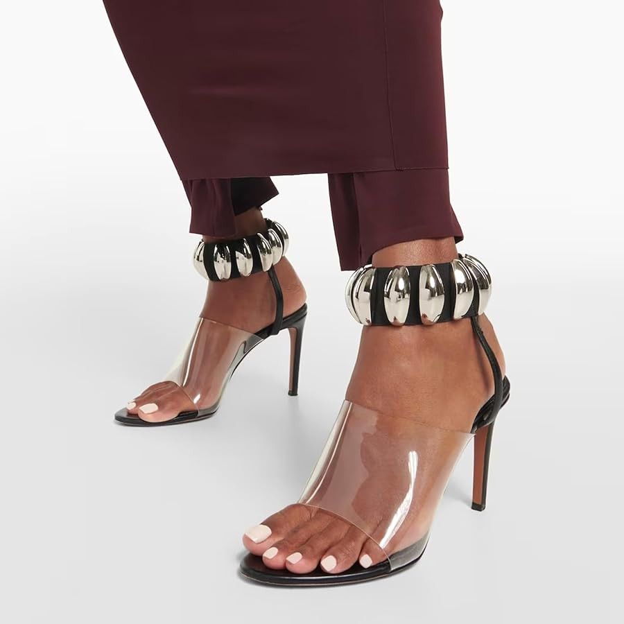 Clear Heels for Women Dress Shoes Large Size Metal Buckle PVC Sequined Peep Toe Stiletto Heel Ankle Strap Sandals Transparent Stilletos Open High Heeled Pump | Amazon (US)