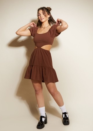 Brown Puff Sleeve Cutout Tiered Dress | rue21