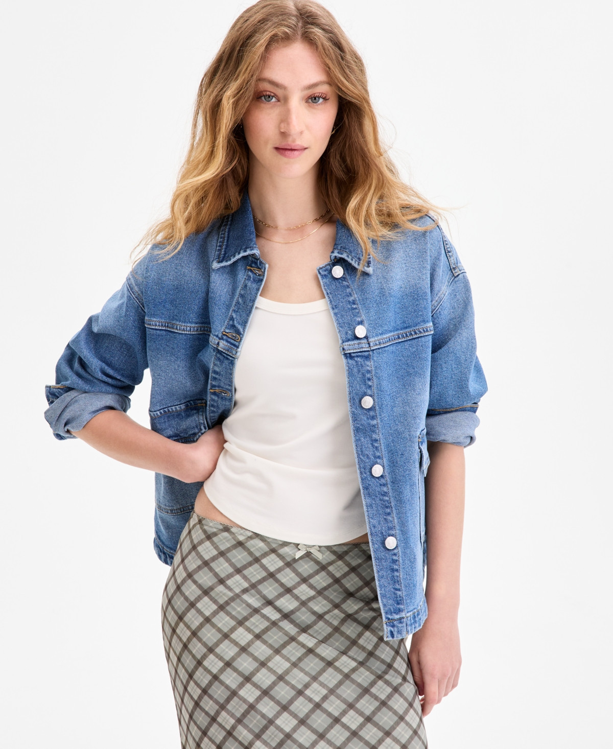 Celebrity Pink Juniors' Oversized Denim Shirt Jacket - Medium Wash | Macy's