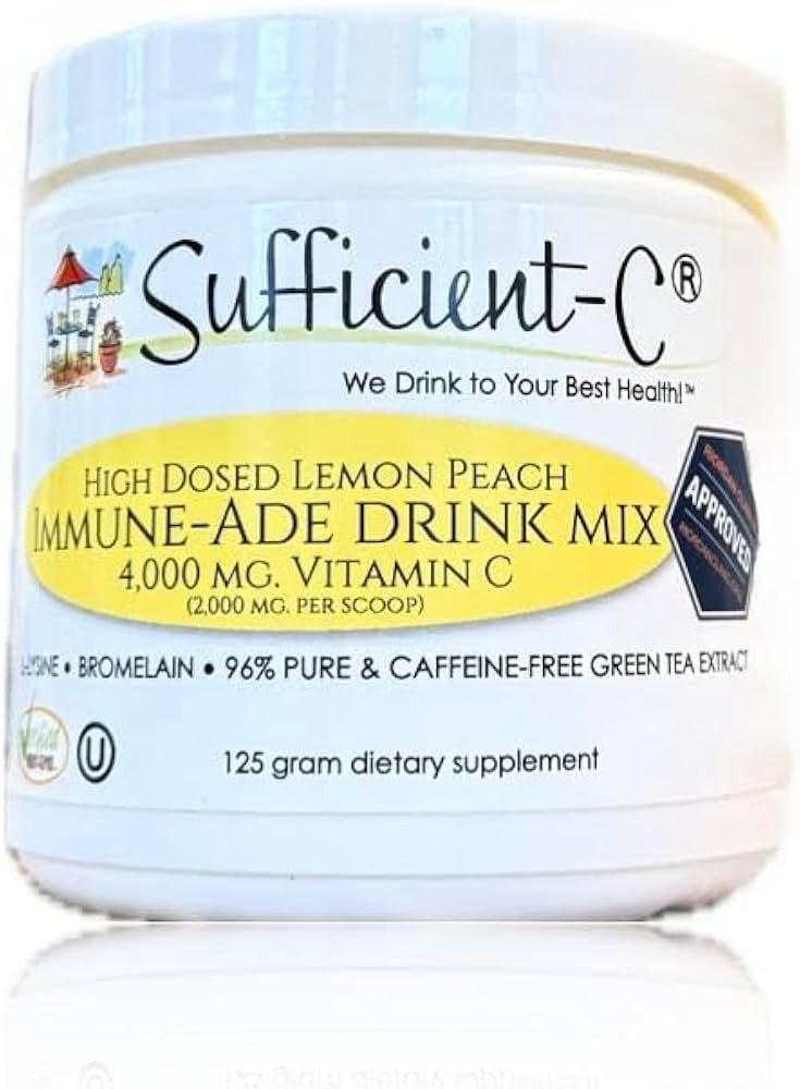 Sufficient-C High Dose Non-GMO Vitamin C Lemon Peach Immune-Ade Drink Mix, Convenient 125 Gram Si... | Amazon (US)