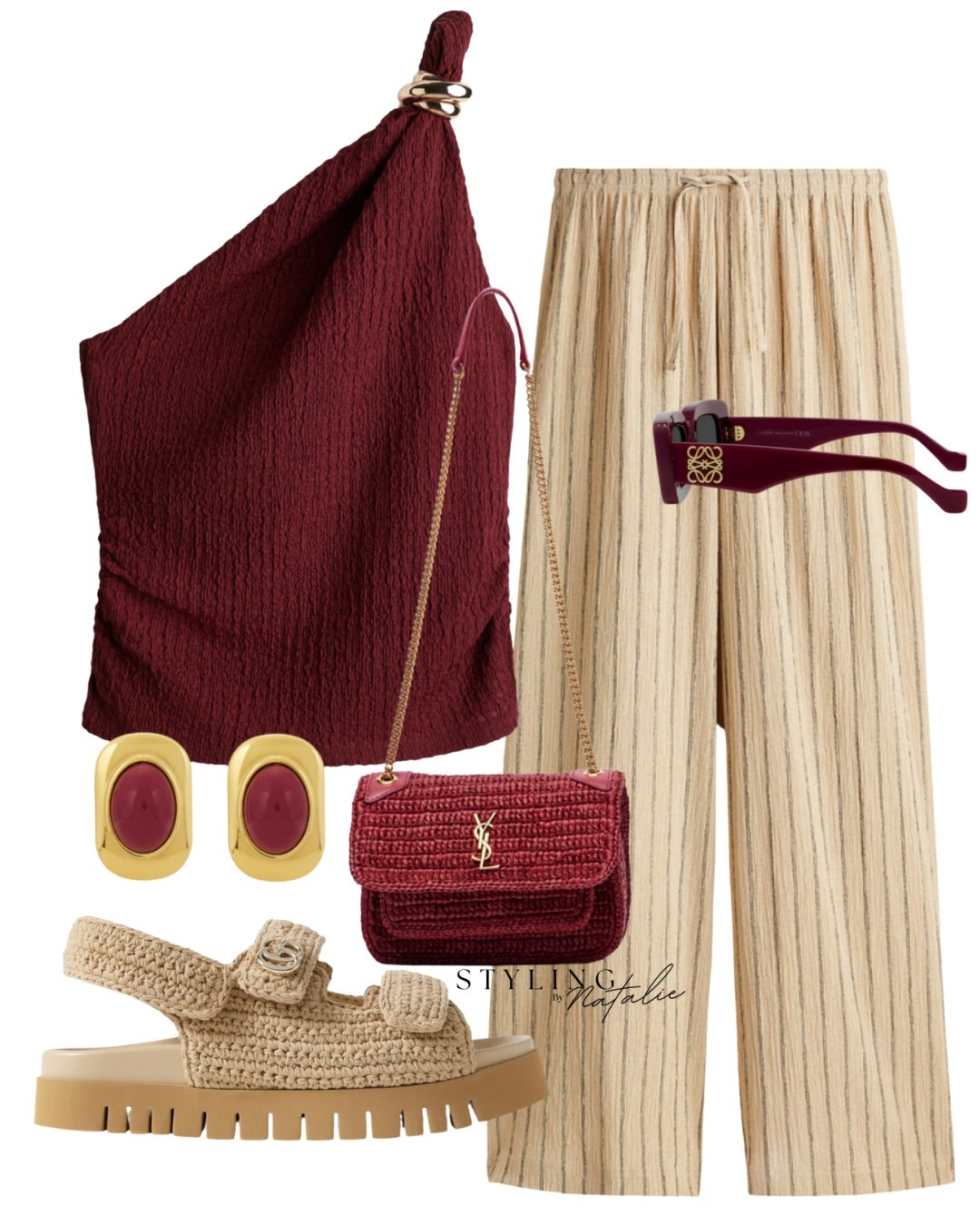Red one-shoulder top, stripe linen trousers, red raffia bag, crochet Gucci sandals, Loewe sunglasses. Casual chic, vacation outfit, summer outfit, date night style. 

#LTKstyletip #LTKsummer #LTKeurope