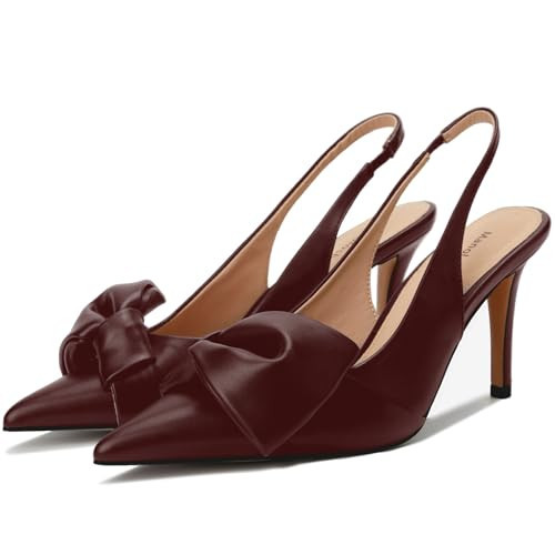 Manoloshow Women's Slingback Heels with Bow Leather Pointed Toe Pumps with Elasticated Strap 3.3" High Heels Evening Comfy Dress Shoes Burgundy Wine Red Size 9.5 | Amazon (US)