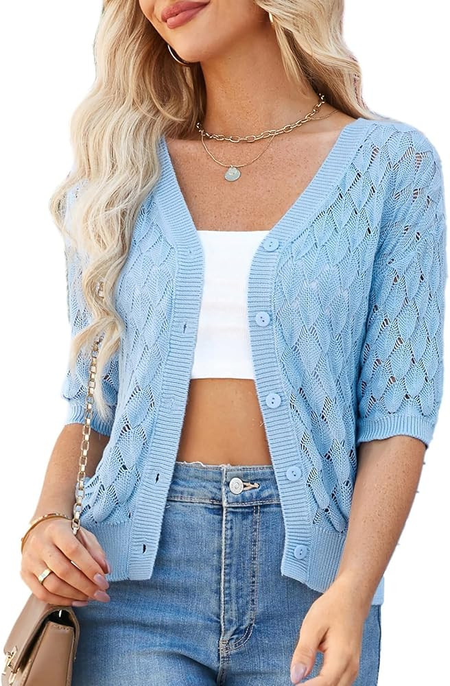 GRACE KARIN Women's Summer Short Sleeve Cropped Cardigan Sweaters Crochet Knit Shrug Open Front V... | Amazon (US)