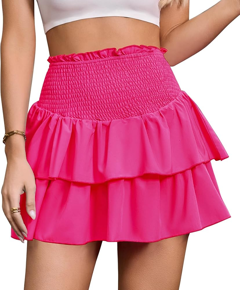 Amazon.com: ANRILITA White Skirt for Women Ruched Stretchy Waist A-Line Mini Skirts Vacations Com... | Amazon (US)