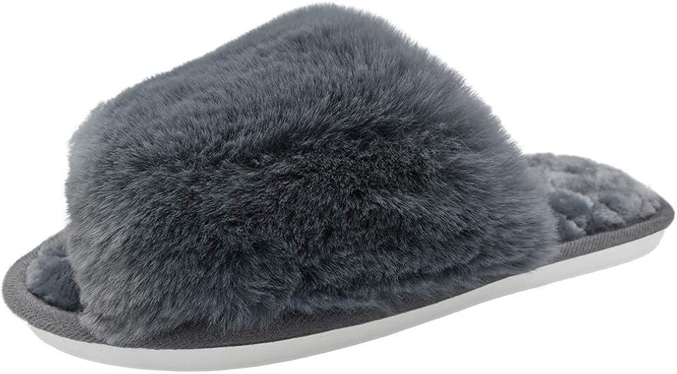 HUMIWA Women's Fuzzy Fur Flat Slippers Soft Open Toe House Slippers Memory Foam Sandals Slides Ho... | Amazon (US)