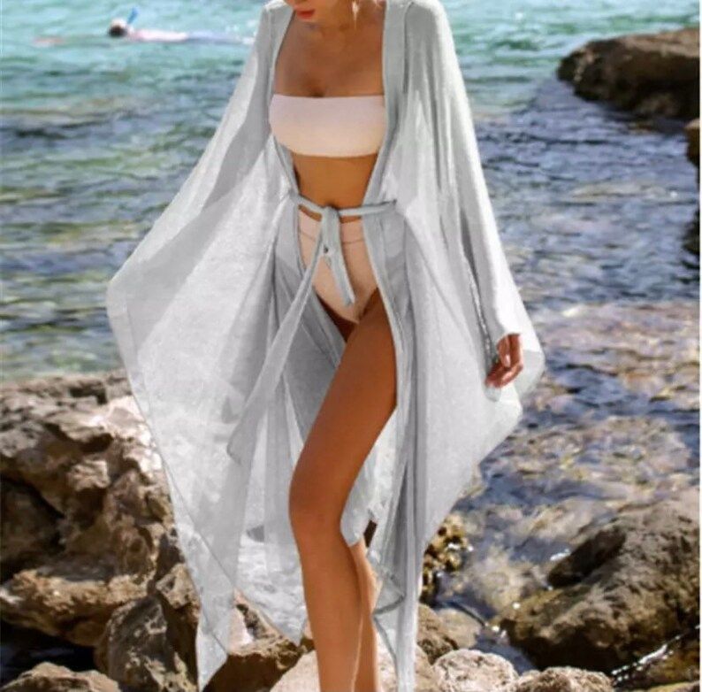 Metallic beach bikini coverup kaftan Ibiza Marbella Long Sleeve Wrap Tie Chiffon Beach Cover up C... | Etsy (US)