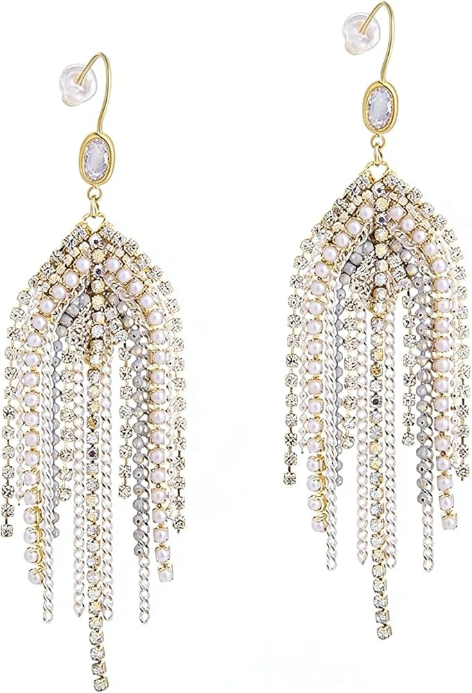 Fringe Dangling Tassel Earrings for Women, Handcrafted Chandelier Long Bohemian Beaded Cubic Zirc... | Amazon (US)