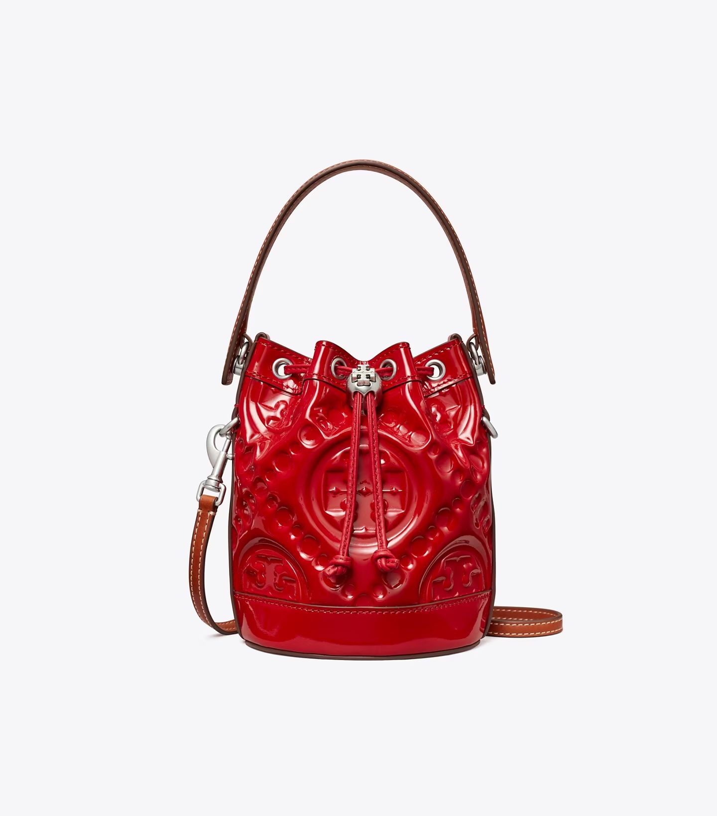 Mini T Monogram Embroidered Patent Bucket Bag: Women's Designer Crossbody Bags | Tory Burch | Tory Burch (US)