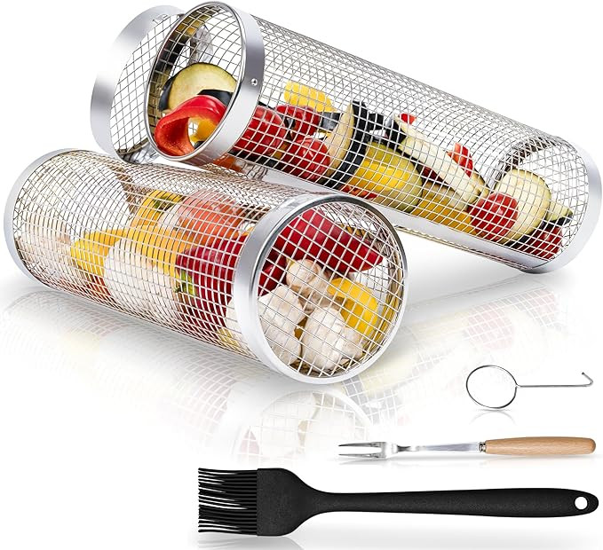 Modaura 2PCS Rolling Grill Baskets for Outdoor Grill, Big Green Egg Accessories-Set Includes Fork... | Amazon (US)
