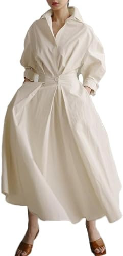 Women Button Down Maxi Shirt Warp Dresses Ladies Collared Lapel Long Sleeve Smocked High Waist Shirtwaist A Line Plus Size Cotton Linen Shirtdress Beige Apricot Solid | Amazon (US)