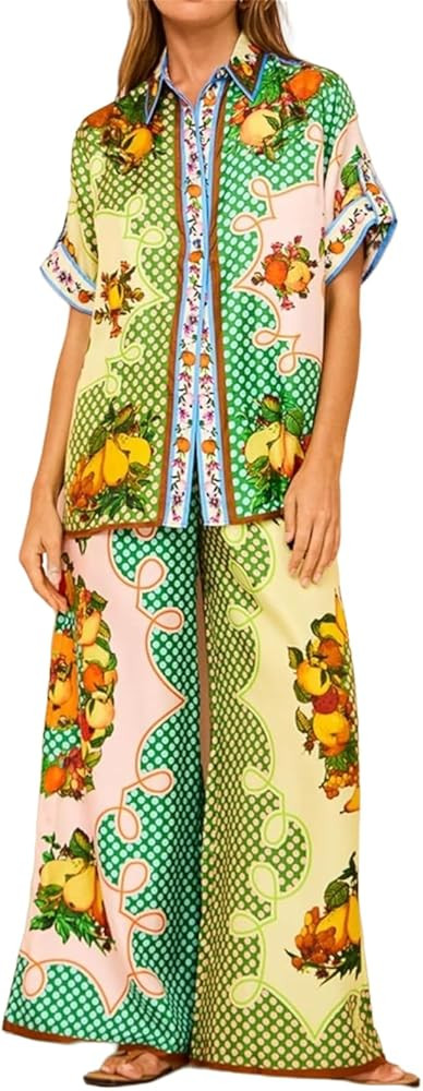 Women Y2k 2 Pieces Pants Sets Boho Floral Fruit Print Short Sleeve Shirt Wide Leg Pants Graffiti ... | Amazon (US)