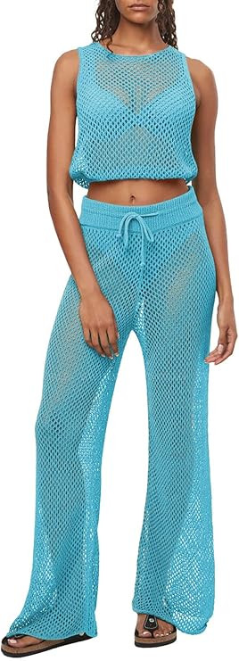 Pink Queen Women's Swimsuit Cover Up Set 2 Pieces Crochet Sleeveless Crop Top Wide Leg Long Pants... | Amazon (US)