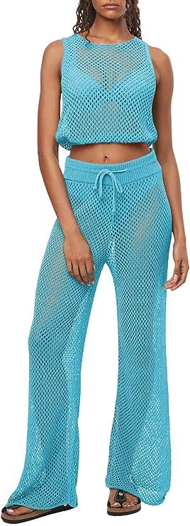 Pink Queen Women's Swimsuit Cover Up Set 2 Pieces Crochet Sleeveless Crop Top Wide Leg Long Pants... | Amazon (US)