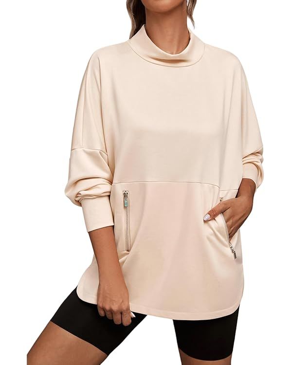 Odsufo Oversized Sweatshirt for Women Mock Neck Side Slit Pullover Tunic Tops with Zip Pockets | Amazon (US)