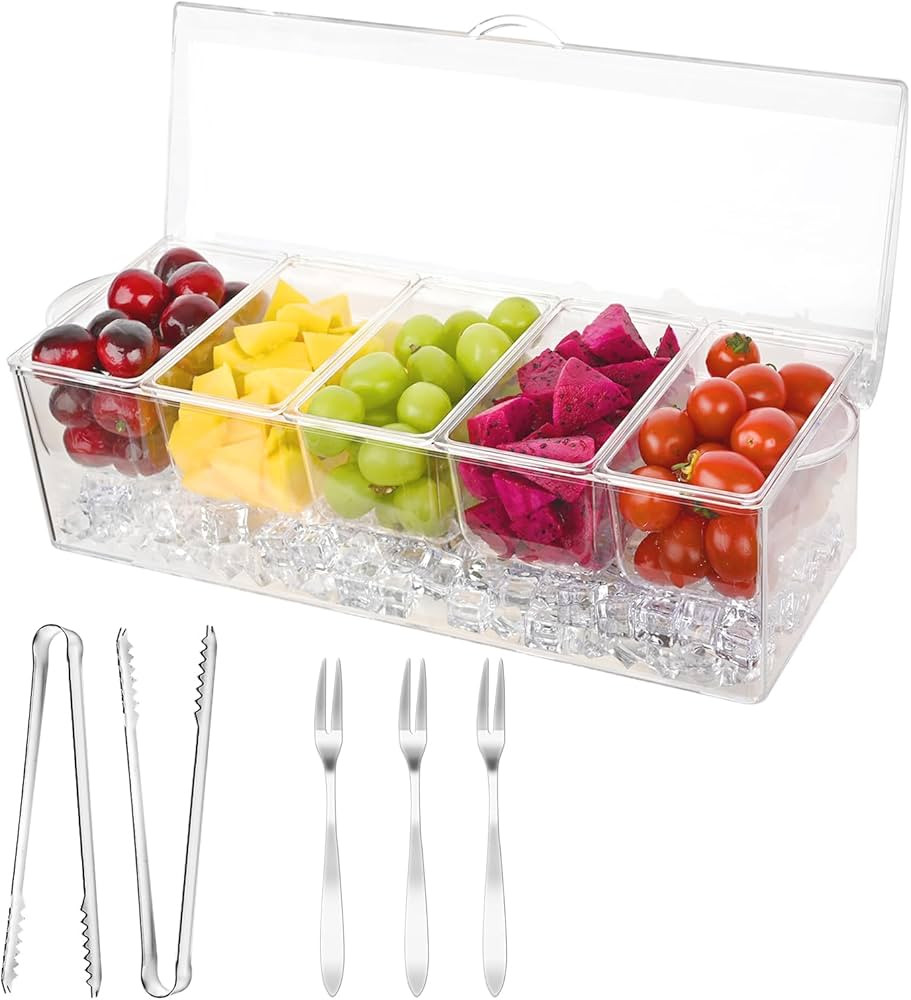 Funyakit Ice Chilled Condiment Server Caddy, with 3 Stainless Steel Forks and 2 Tongs, Cold Servi... | Amazon (US)