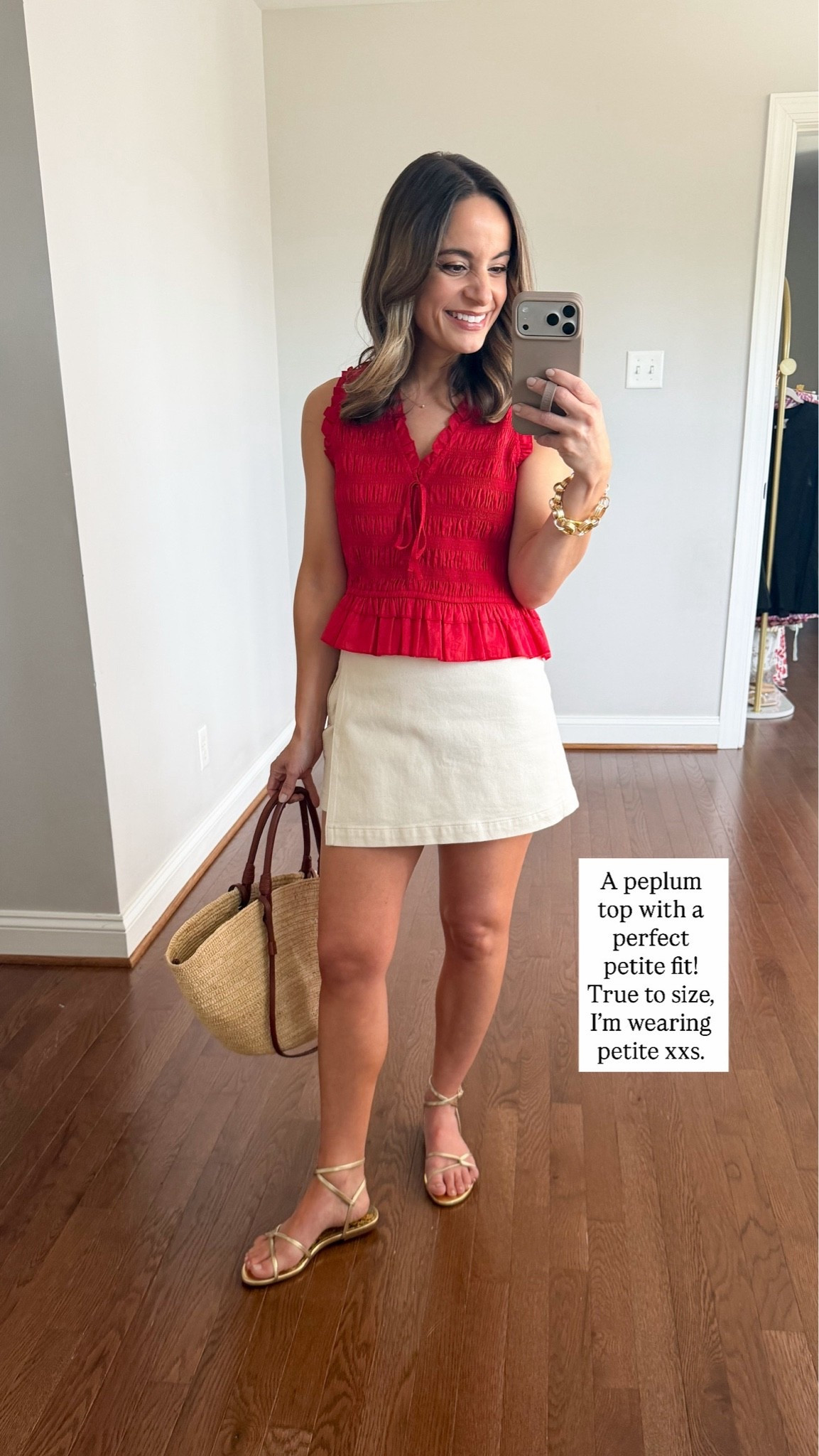 I heard you were looking for summer tops you can wear untucked! 

Red peplum: petite xxs 
Ecru skort: 00 

My measurements for reference: I’m 4’10” and 105lbs. My bust, waist, and hip measurement is 32”, 24”, and 36”.
