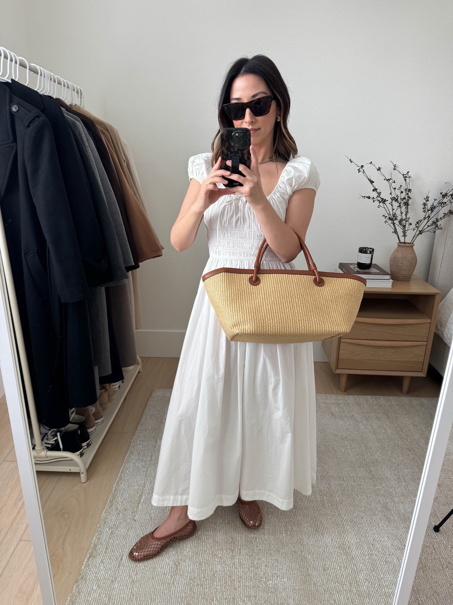 Spring outfits with white dresses.

DÔEN Quinn dress. One of my favorites. So feminine and versatile. Petite-friendly! White is fairly sheer. Can wear a slip. 

DÔEN dress xs
Tuckernuck bag
Staud flats 35
Celine sunglasses 
J.crew earrings 
Dorsey James necklace 15"

Spring Dresses, spring outfits 2026, summer outfits, petite style, white dress