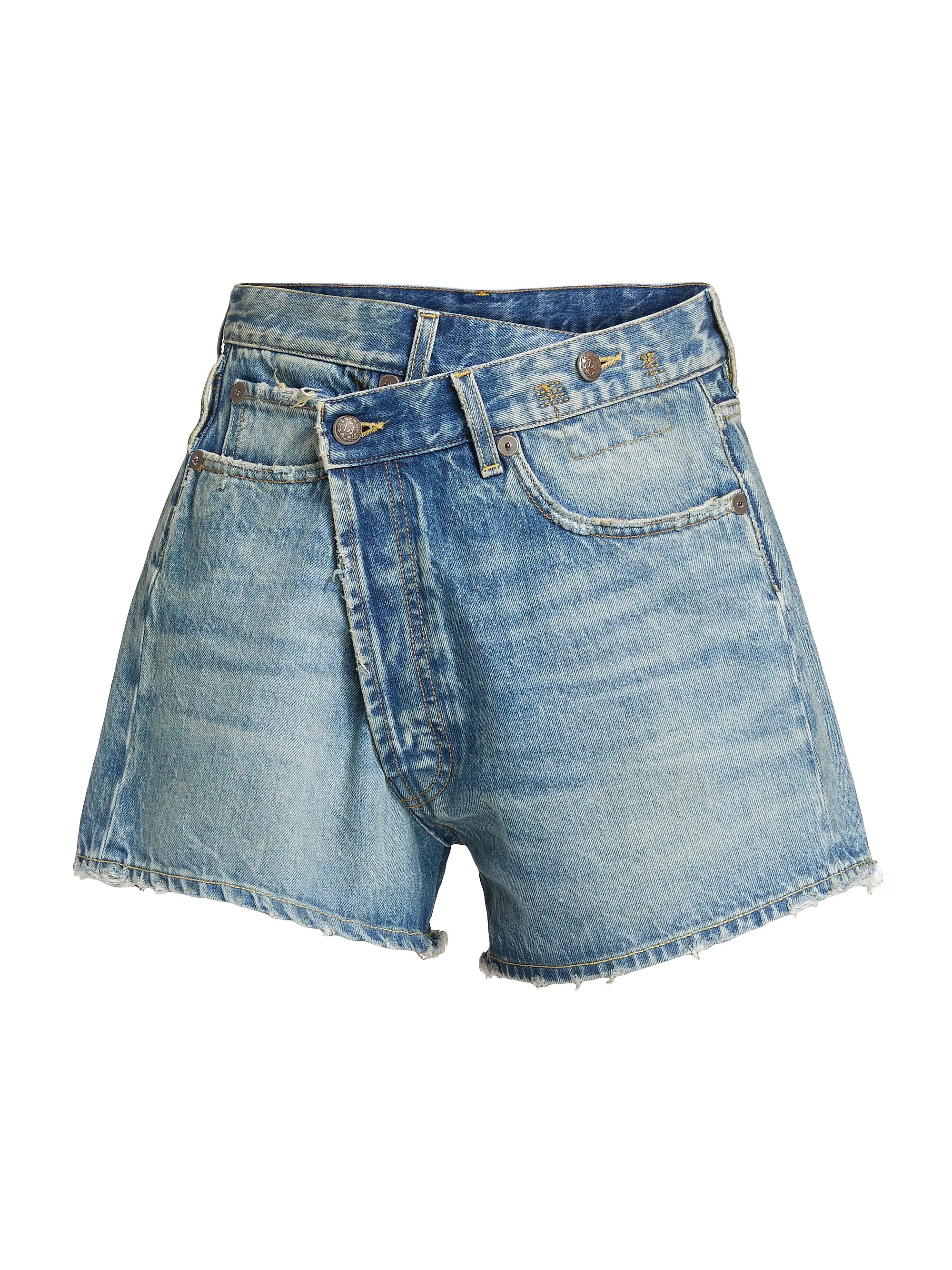 R13 Crossover Asymmetric Washed-Denim Shorts | Saks Fifth Avenue | Saks Fifth Avenue