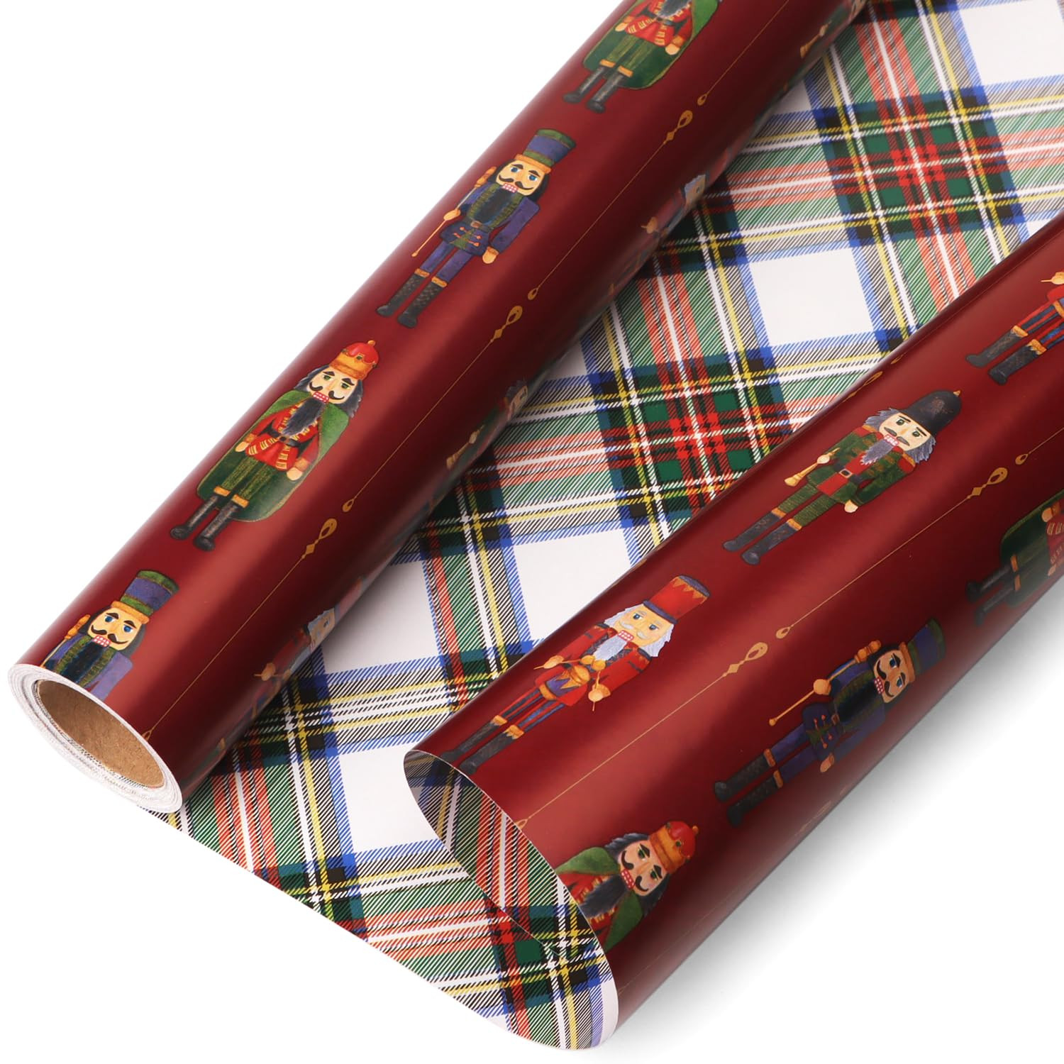 Ribbli Christmas Wrapping Paper Mini Roll Reversible Vintage Nutcracker and Tartan Plaid Gift Wra... | Amazon (US)