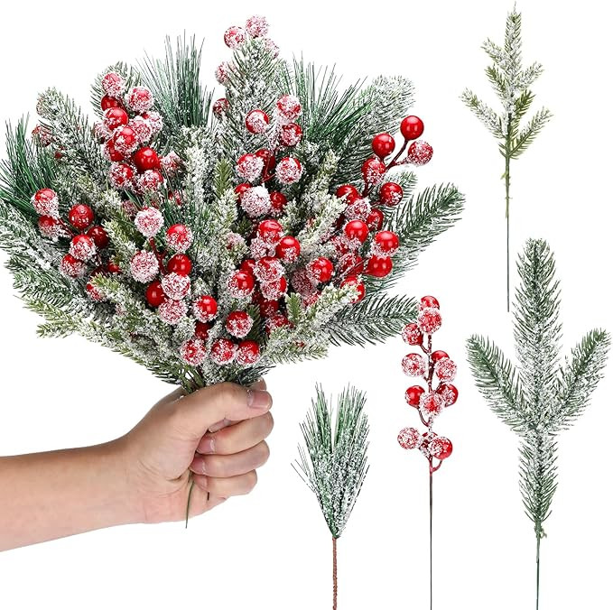 Lyrow 80 Pieces Christmas Snowy Pine Tree Picks Artificial Berry Stems Sprays Faux Cedar Pine Nee... | Amazon (US)