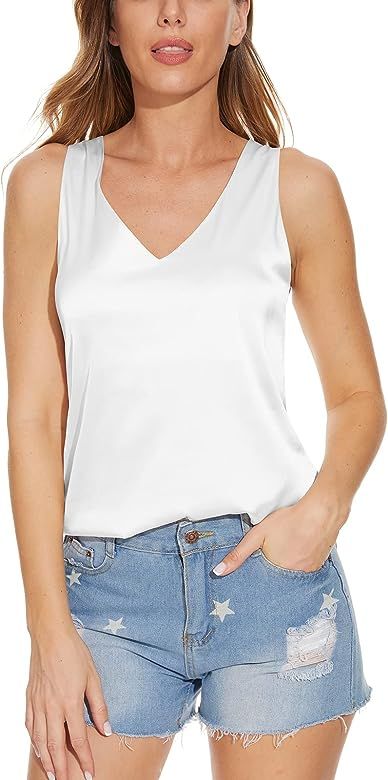 Miqieer Women's V Neck Silk Sleeveless Blouse Casual Loose Fit Satin Cami Tank Tops | Amazon (US)