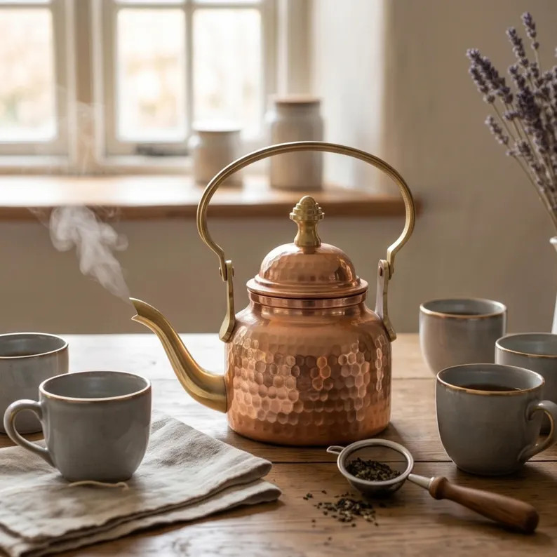 Hammered Copper Tea Kettle, Brass Handle, Vintage Stovetop Teapot, Rustic Kitchen Decor | Etsy (Global)