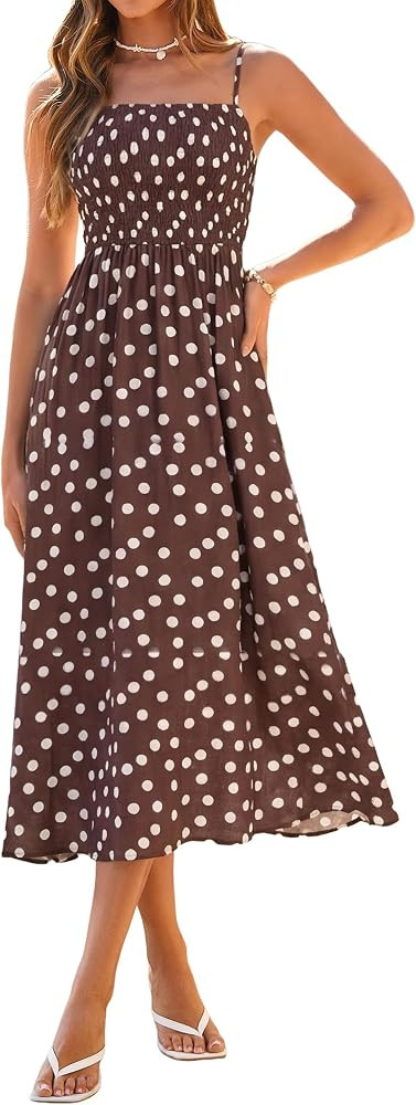 Simplee Womens Spaghetti Strap Maxi Dress Summer Casual Boho Smocked Flowy Long Sundress Beach Va... | Amazon (US)