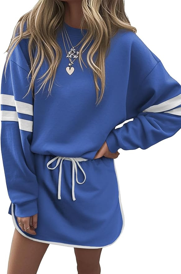 KevaMolly Womens Skirt Sets Varsity Stripe Detail Drop Shoulder Pullover Mini Skirt Set Casual Tw... | Amazon (US)