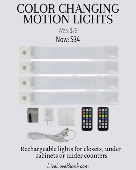 Rechargeable motion sensor lights…slim, lightweight and easy to install!
Use anywhere you want accent lighting…closet, garage, worship, cabinets, counters and bedrooms…and they change colors!

#LTKsalealert #LTKFind #LTKunder50