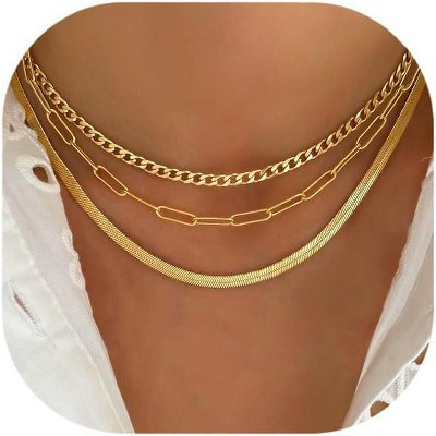"14K Gold Layered Necklace Set for Women, Dainty Herringbone & Chain Choker, Gold Plated Stackable Necklaces" | Target