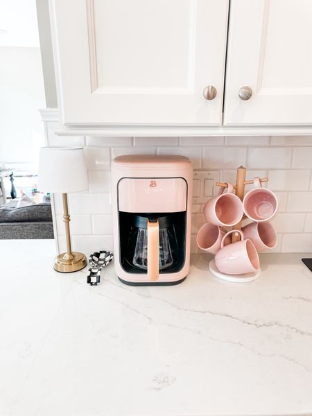 Pink coffee maker and wireless gold lamp and pink mugs. My exact mugs are no longer available but I’ve linked similar. 

#LTKhome
