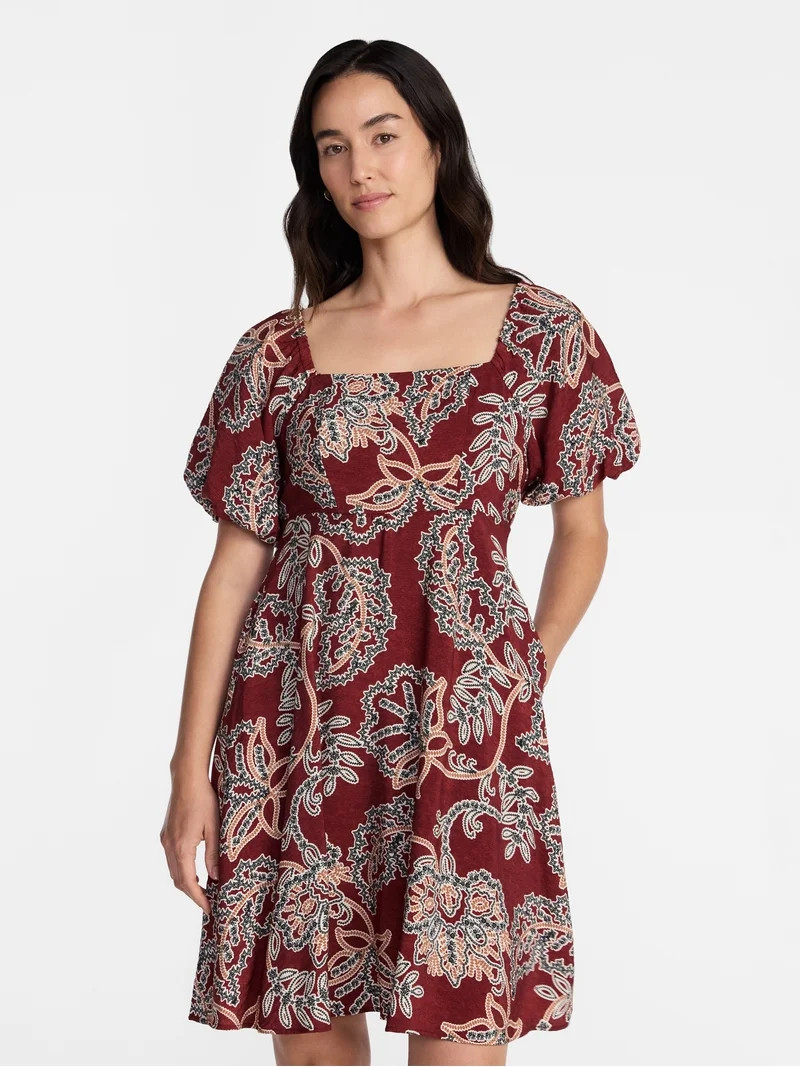 Time and Tru Women's Airflow Mini Dress with Puff Sleeves, Sizes XS-XXXL | Walmart (US)