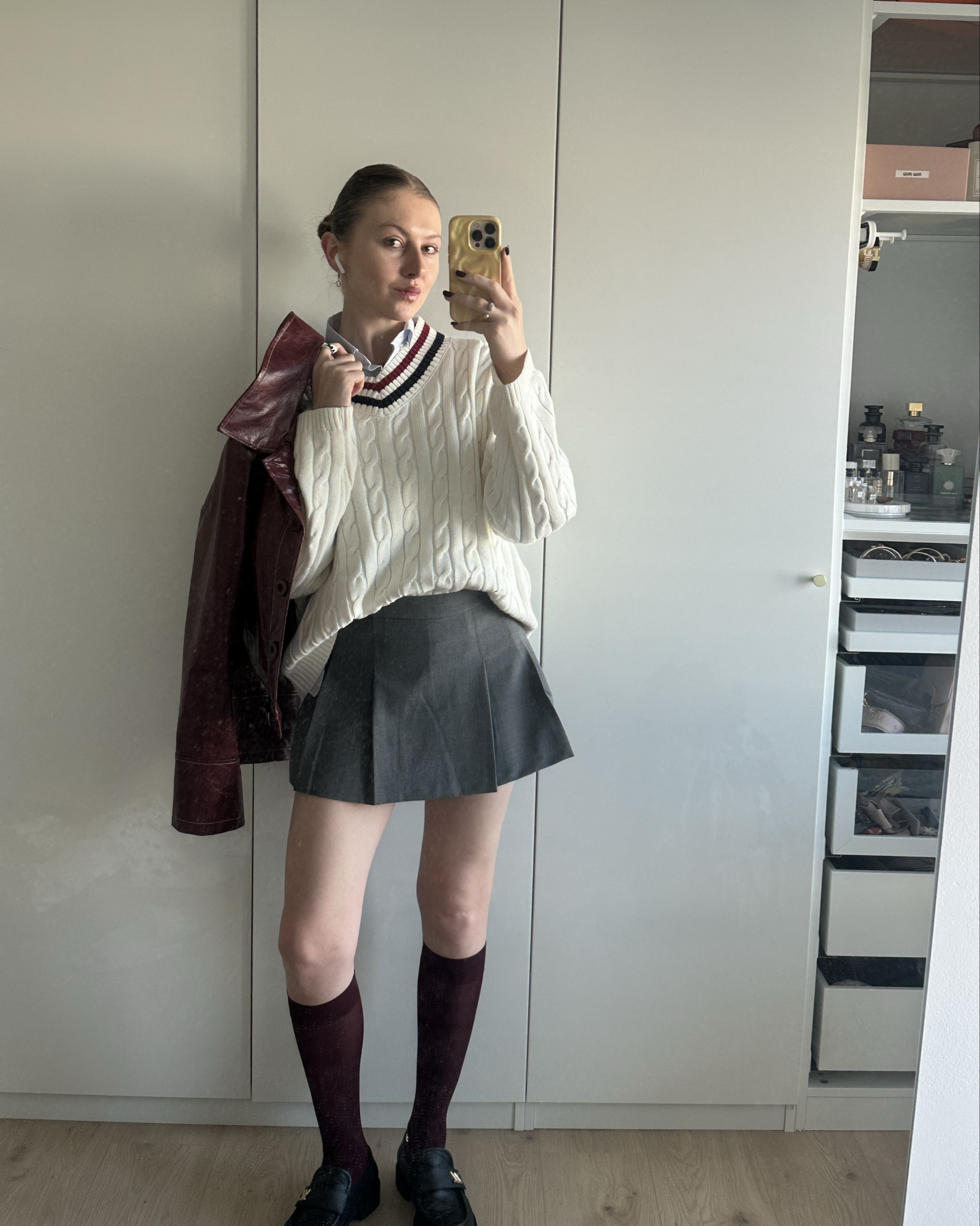 that favourite mid-fall season for preppy looks with sexy mini skirts & knee high socks. also, very into color blocking burgundy with grey or blue lately. the casual yet formal outfit I’d wear everyday (if Belgian weather allowed lol🥲) 
ps. isn’t it giving MiuMiu girl?
pps. couldn’t find some exact items but linked alternative similar pieces for you from mass market to mid range🫶🏼

#LTKSeasonal #LTKBeauty #LTKWorkwear